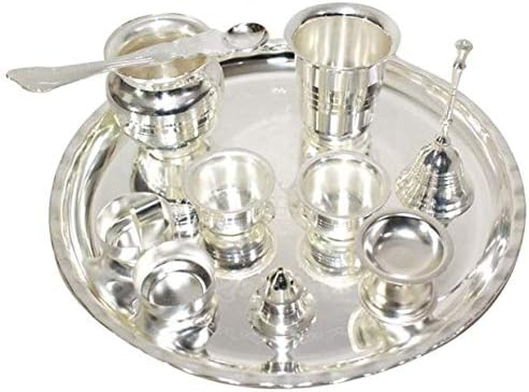 Pooja Thali Set Silver Plated Large 10 Inch Puja Thali for Diwali Decoration Gift Items Festival Ethnic Puja Thali for Temple Office Home Wedding Return Gifts