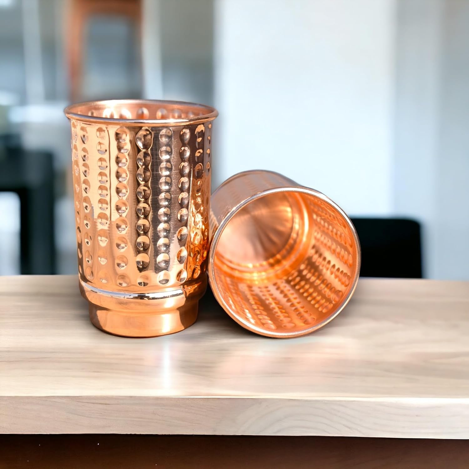 Pure Copper Hammered Drinking Cups - Ayurvedic Health Tumblers – 2 Pcs. Set -LACQUER Free (11.8 US Fl Oz) Traveller'S Copper Cups for Ayurveda Health Benefits (Hammered)