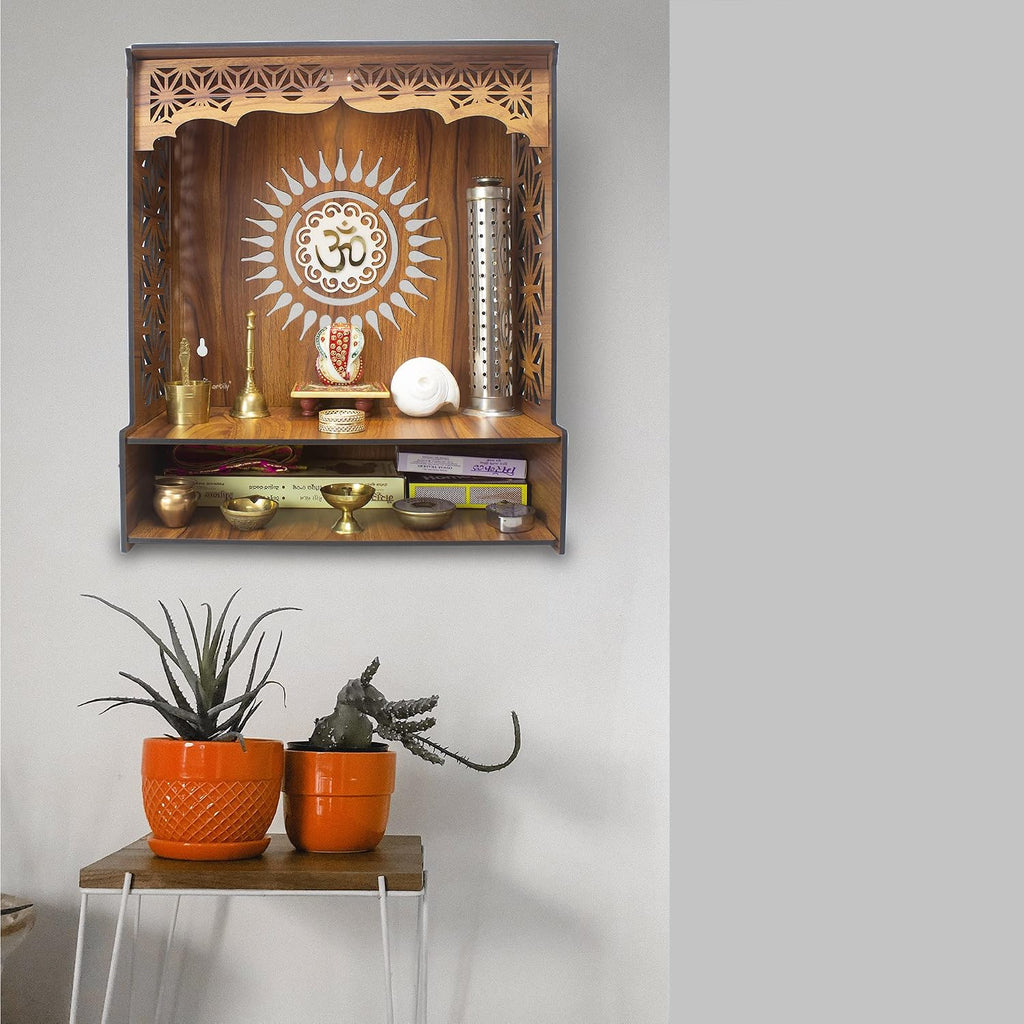 ® Shree Beautiful Wooden Pooja Stand for Home Mandir for Home Temple for Home and Office Puja Mandir for Home and Office Wall with LED Spot Light Product (H- 18, L- 16, W-8.75 Inch)