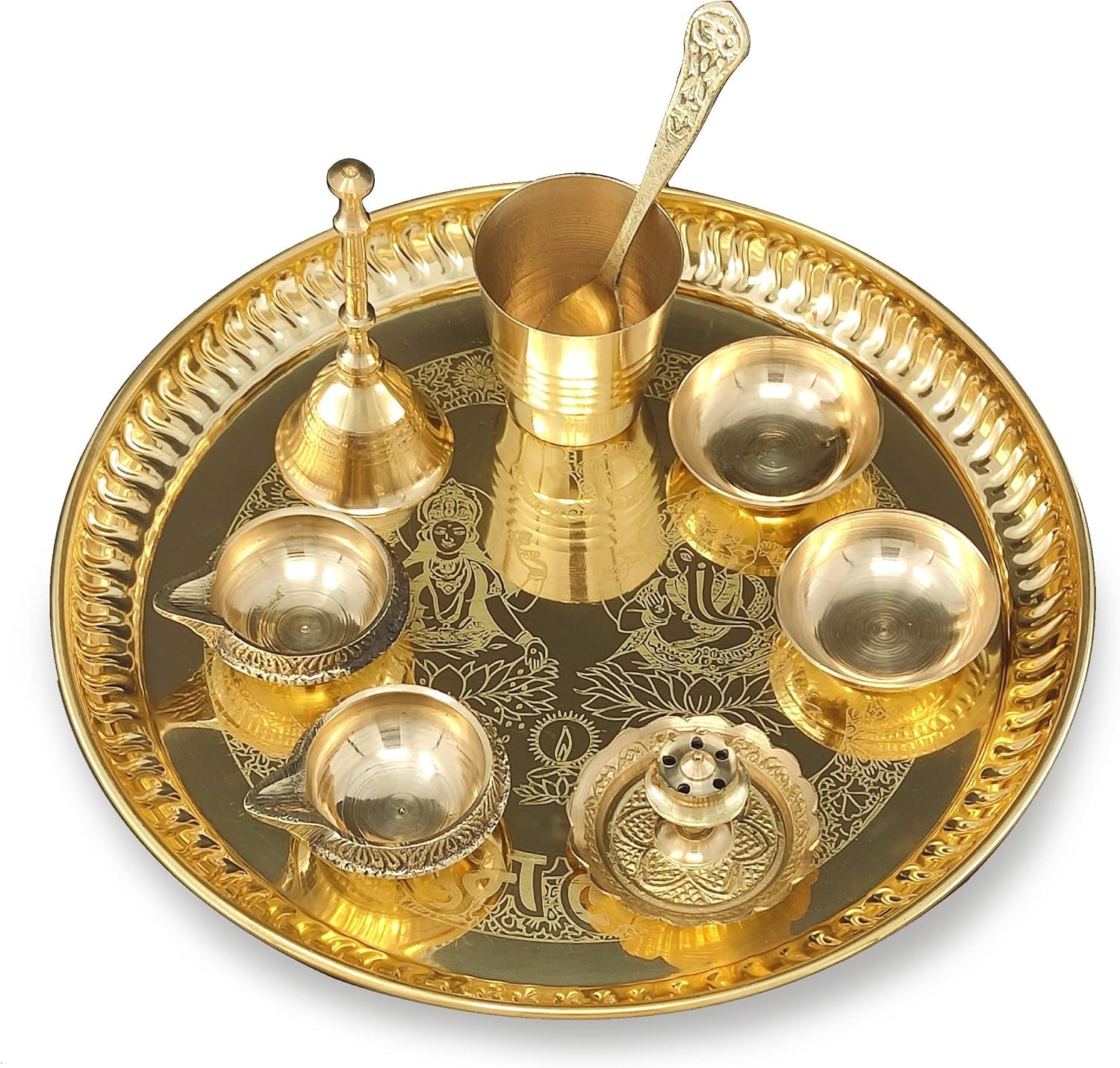 Brass Pooja Thali Set 8 Inch with Pital Plate, Kuber Diya, Ghanti, Glass, Spoon, Bowl, Design Dhup Dan Daily Puja Thali for Diwali Home Mandir Office Wedding Return Gift Items