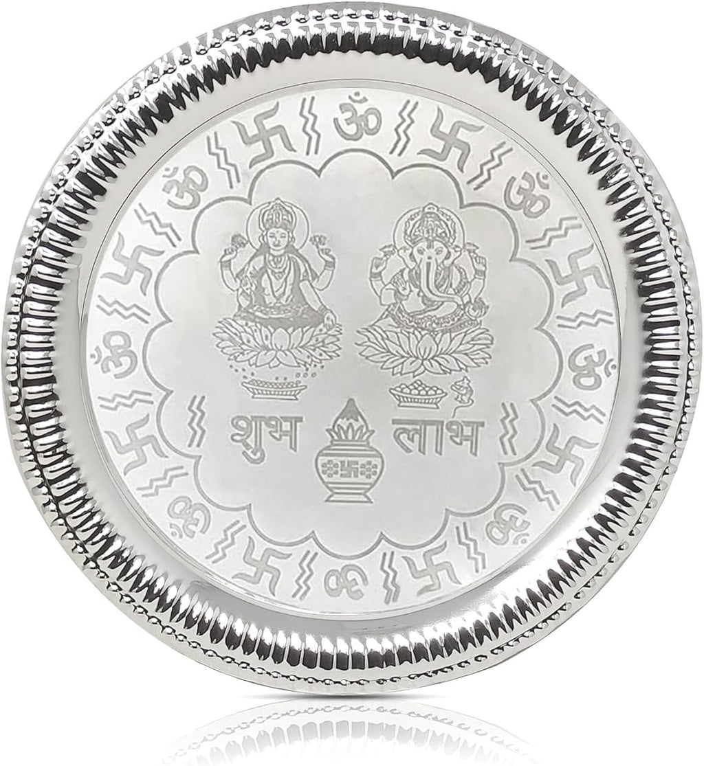 Pooja Thali Set Silver Plated with Blue Gift Box Designed Puja Plate 22 CM Bowl Ghanti Kalash Spoon Dhup Dan Diya for Home Office Diwali Wedding Return Gift Items