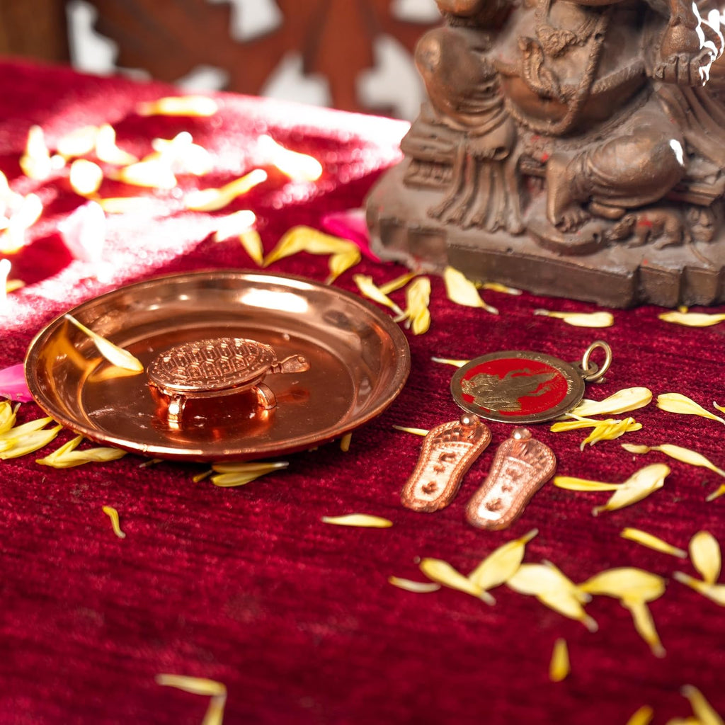 Charan Plate Set with Tortoise Lakshmi Pendant and Lakshmai Charan for Pooja Ghar Home Temple Mandir Traditional Religious Auspicious Puja Items Décor Decoration and Gifting (Lakshmi Charan Combo)