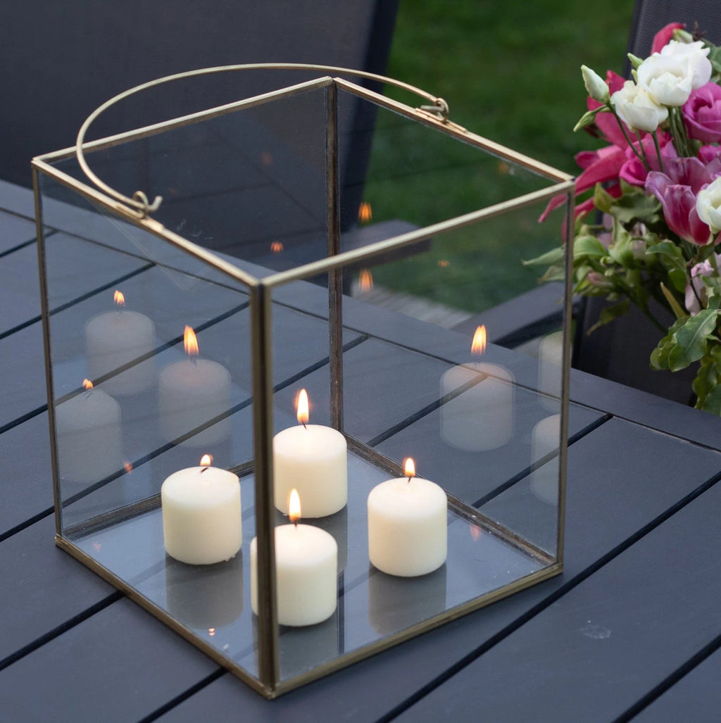 Lantern-Style Glass and Iron Candle Holders for Indoor and Outdoor | Recycled Brass with Golden Finish | Available in 3 Sizes or as a Set