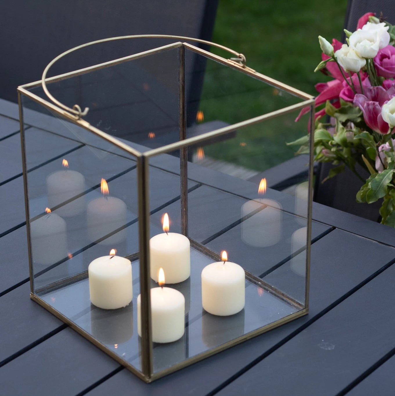 Lantern-Style Glass and Iron Candle Holders for Indoor and Outdoor | Recycled Brass with Golden Finish | Available in 3 Sizes or as a Set