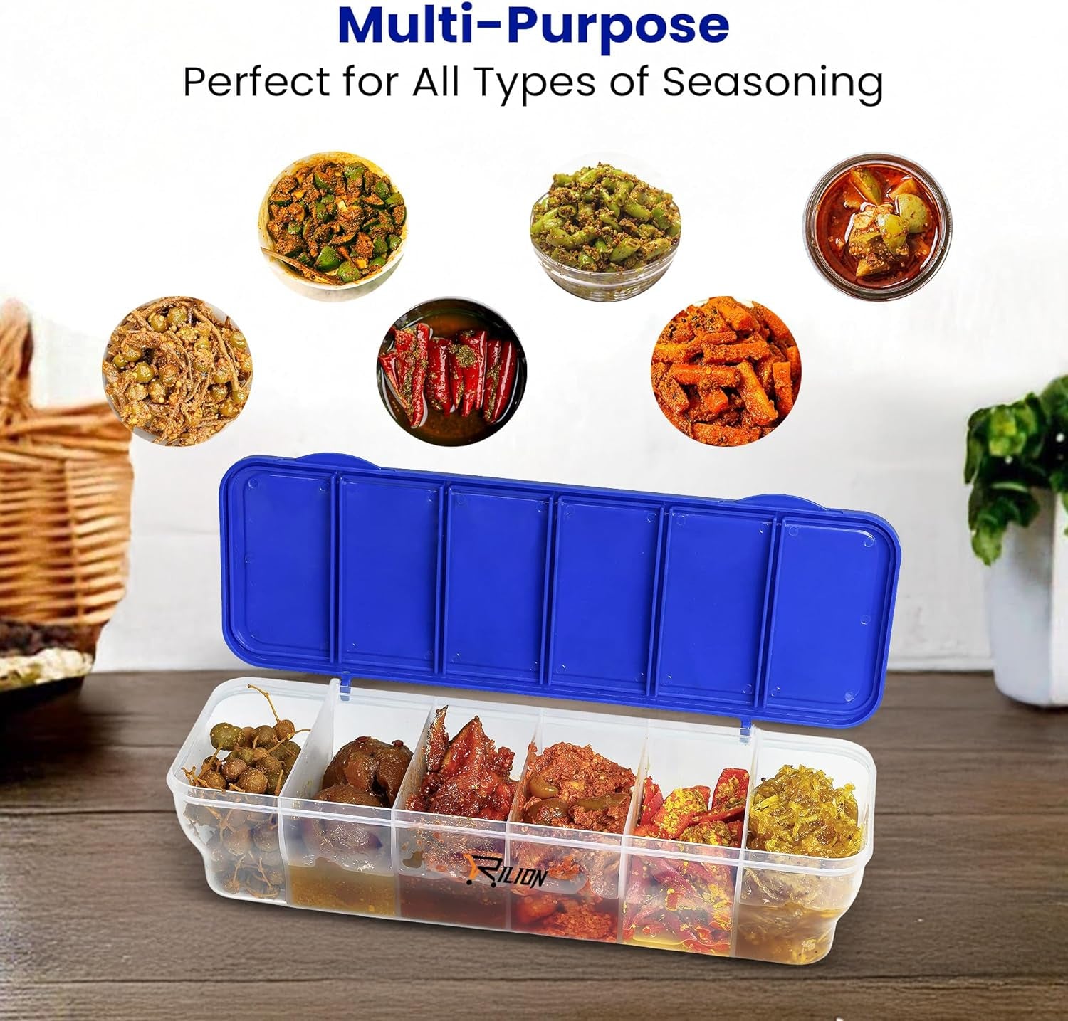 Multipurpose 6-In-1 Masala Box for Kitchen| Airtight Bpa-Free Plastic 6 Section Storage Container with 6 Spoons, 1800 Ml Transparent Pickle Box for Spices| Dry Fruits, Snacks Pack of 1 Blue