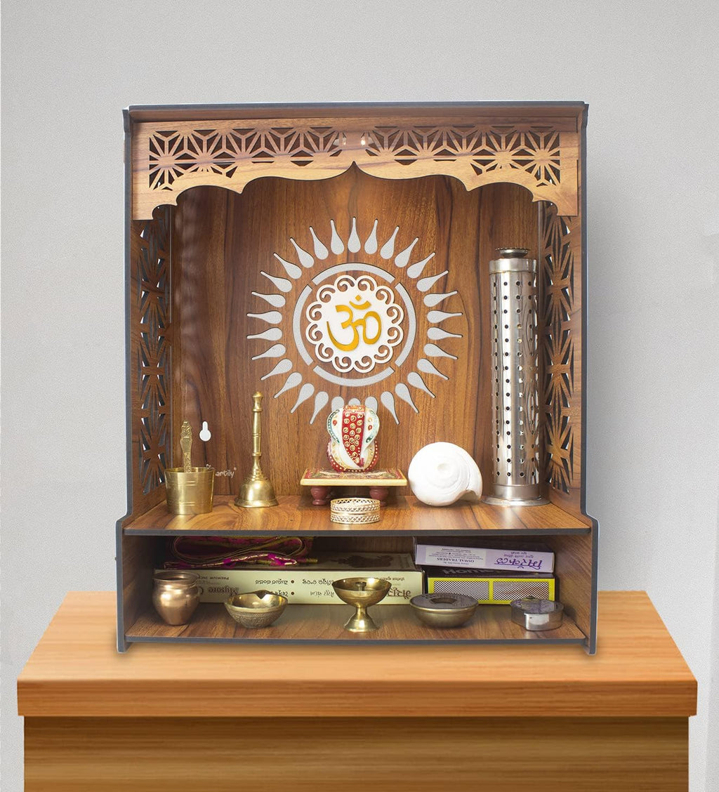 ® Shree Beautiful Wooden Pooja Stand for Home Mandir for Home Temple for Home and Office Puja Mandir for Home and Office Wall with LED Spot Light Product (H- 18, L- 16, W-8.75 Inch)