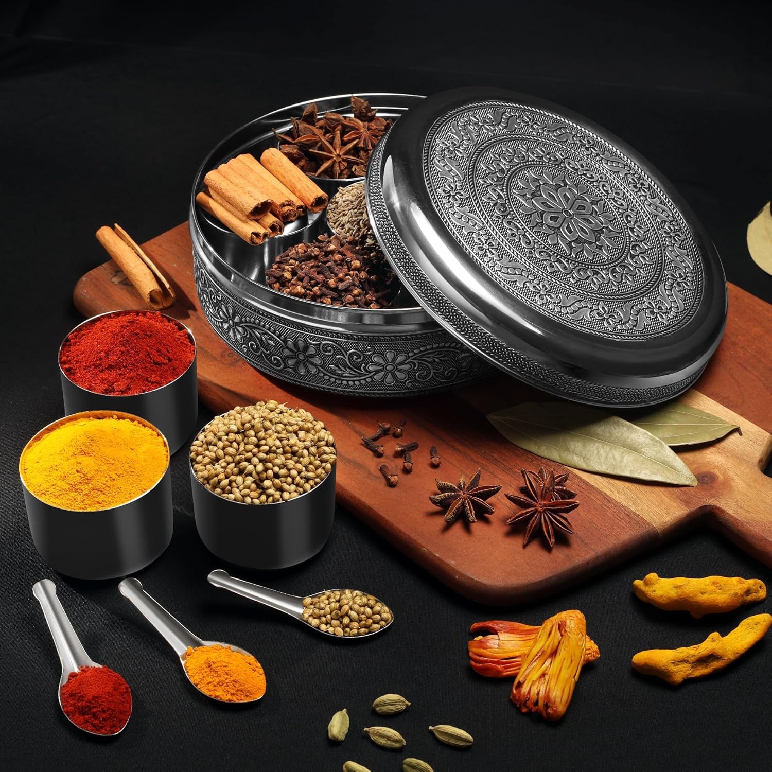 Designer Spice Container Masala Dabba, 7 Spice Jars, Holds 7 Spices, Spice Container Box, Polished Stainless Steel with 7 Serving Spoons, Indian Masala Dabba with Lid, 8 Inch