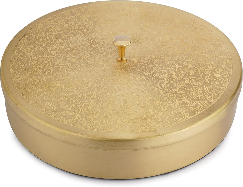Brass Spice Box round Masala Dabba Set with Golden Embossed Lid, 7 Removable Compartments, Spice Jar Containers & Spoon, Handcrafted Decorative Indian Kitchen Storage Organizer Gift