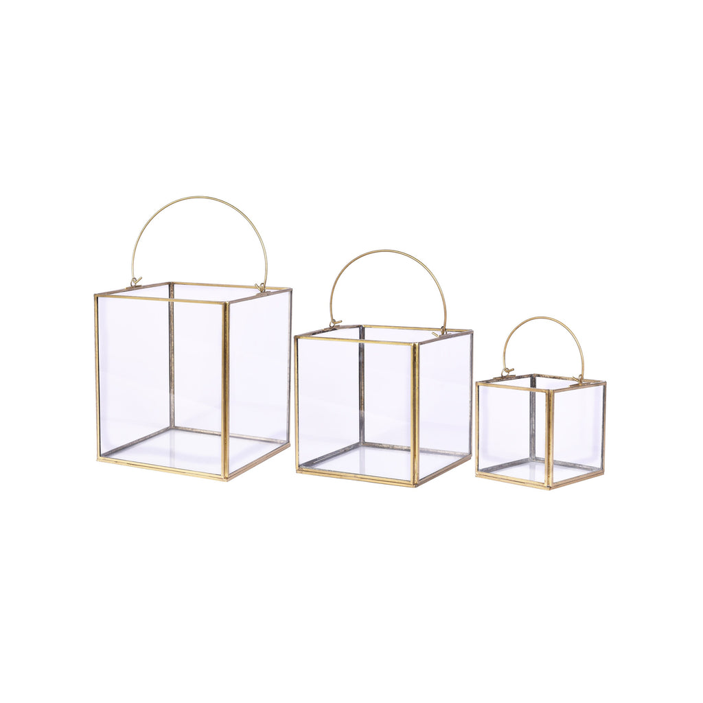 Lantern-Style Glass and Iron Candle Holders for Indoor and Outdoor | Recycled Brass with Golden Finish | Available in 3 Sizes or as a Set
