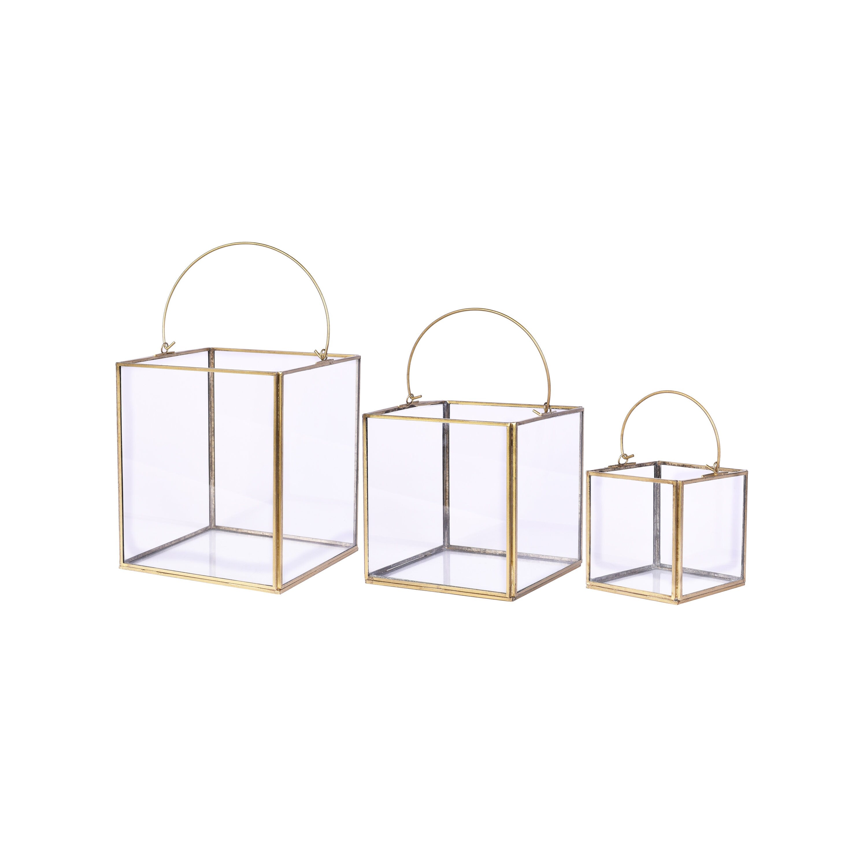 Lantern-Style Glass and Iron Candle Holders for Indoor and Outdoor | Recycled Brass with Golden Finish | Available in 3 Sizes or as a Set